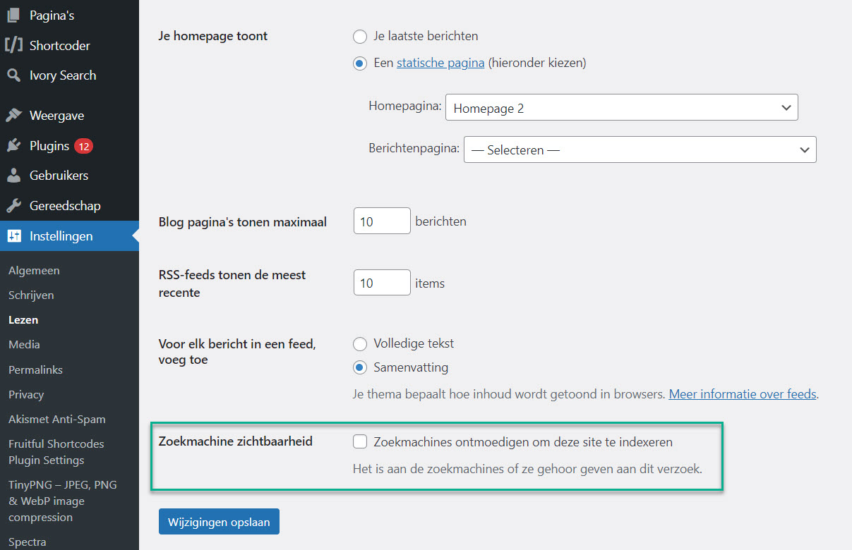 WordPress zichtbaarheid instelling